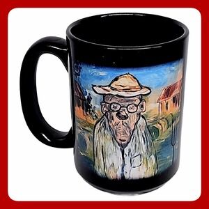 American Gothic Style Parody Black Ceramic Coffee Mug Farmer Pitchfork Tea Cup
